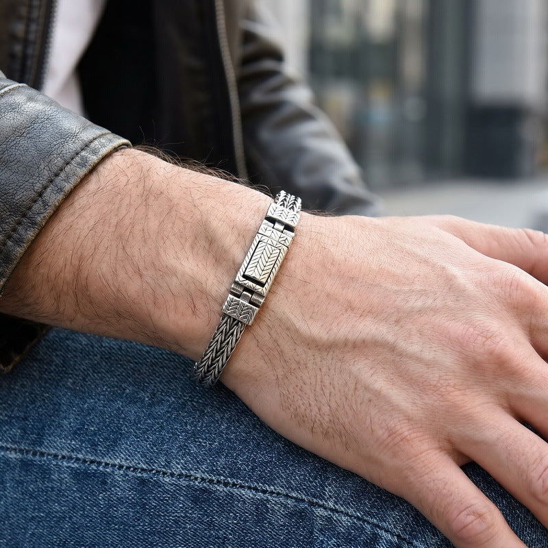Keel Chain Punk Style 7/10mm Woven Wheat Ear Pattern Stainless Steel Men's Bracelet