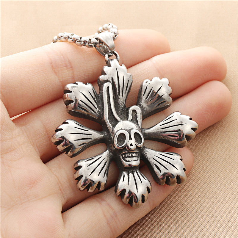 Personalized Punk Skull and Flower Pendant Necklace in Titanium Steel for Men
