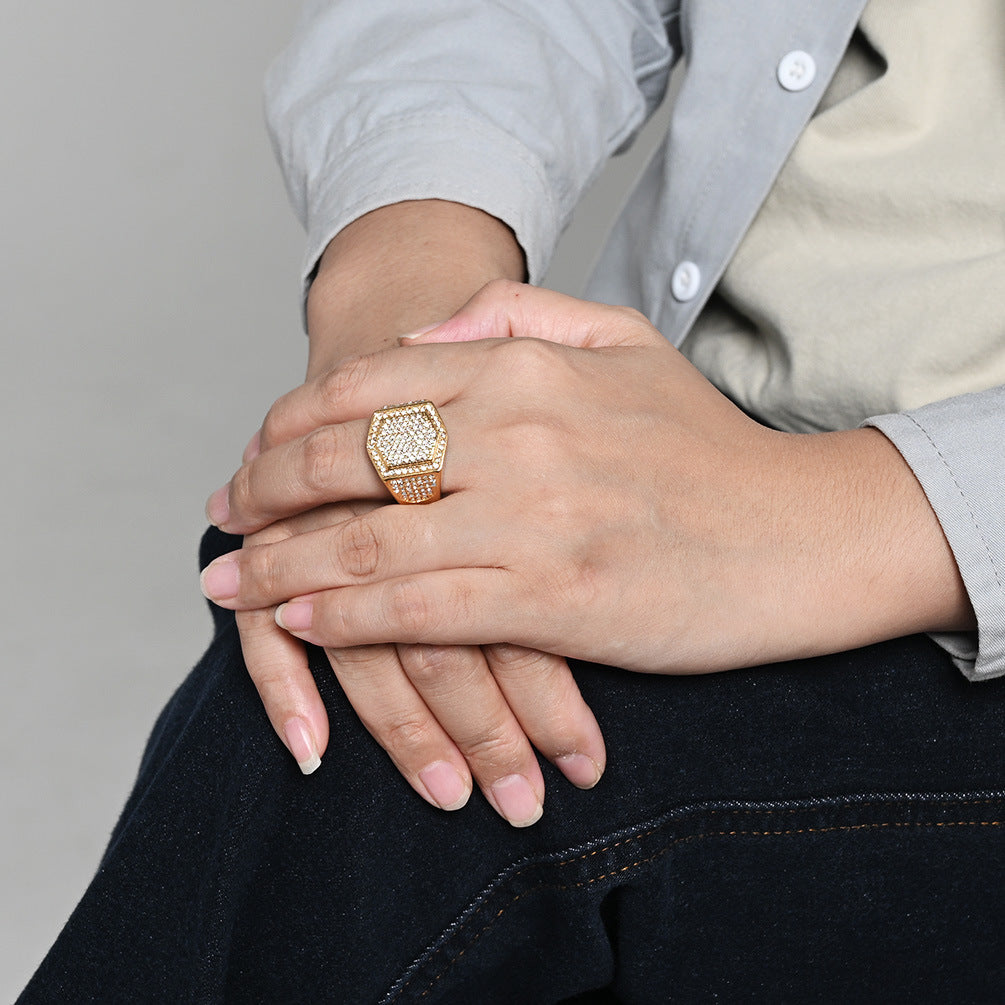 Stainless Steel Plated K Gold Full Zircon Ring Men's Street