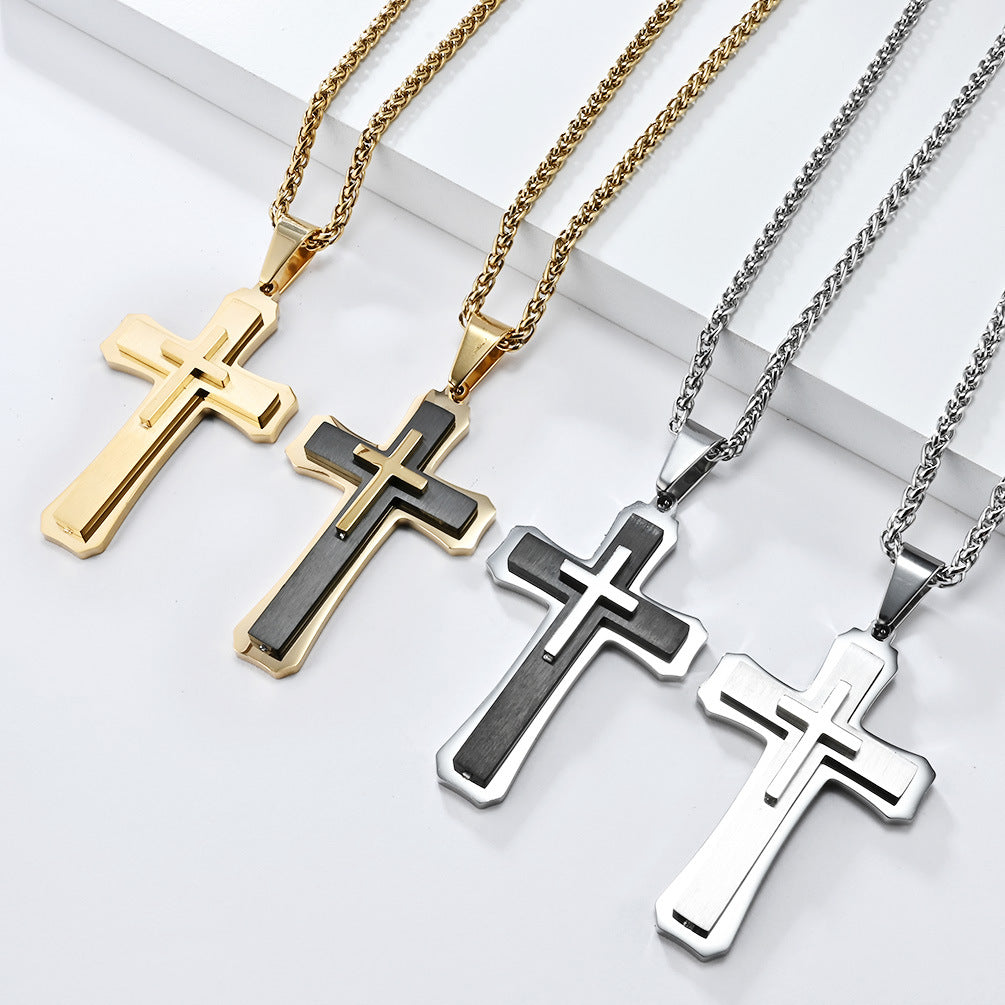 Three-Layer Titanium Steel Cross Pendant Necklace for Men