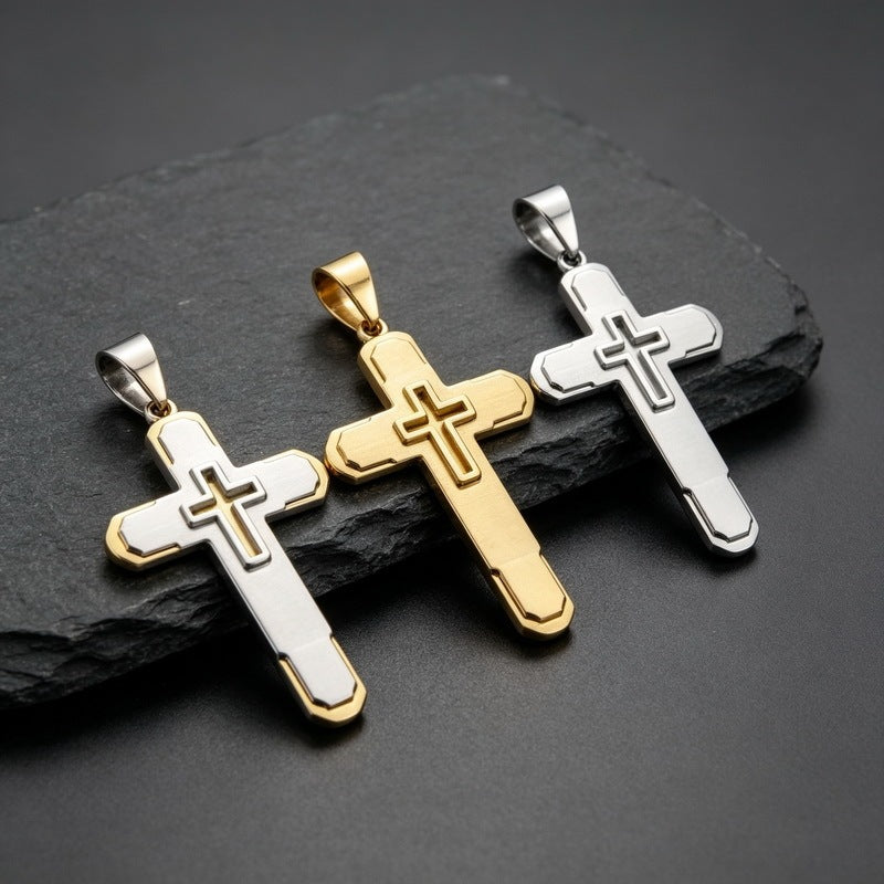 Hip-Hop Rock Multi-Level Design Cross Pendant Retro Brushed Stainless Steel Men's Pendant Necklace