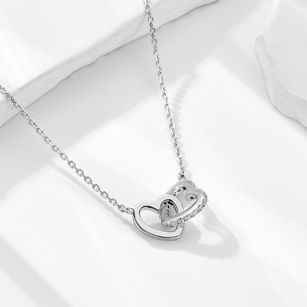 S925 Sterling Silver Zircon Love Interlocking Necklace Heart-Shaped
