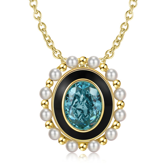 Lake Blue Oval Zircon with Pearl Halo Sterling Silver Necklace