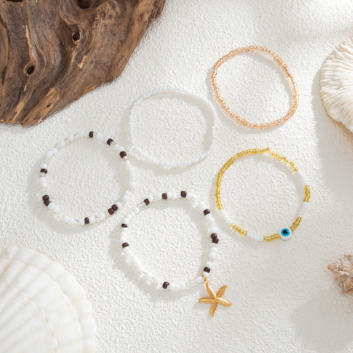 Devil'S Eye Colored Rice Bead Elastic Bracelet Bohemian Starfish Stacked With Beaded