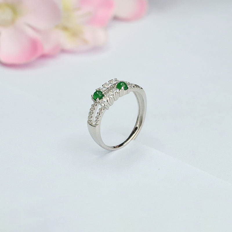 Sterling Silver Adjustable Ice Emperor Green Jade Zircon Ring