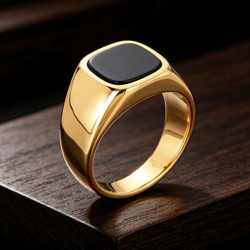 Cold Smooth Stainless Steel Ring, Square Black Stone Titanium Steel Men's