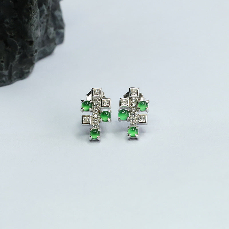Icy Green Jadeite Cabochon 925 Silver Stud Earrings
