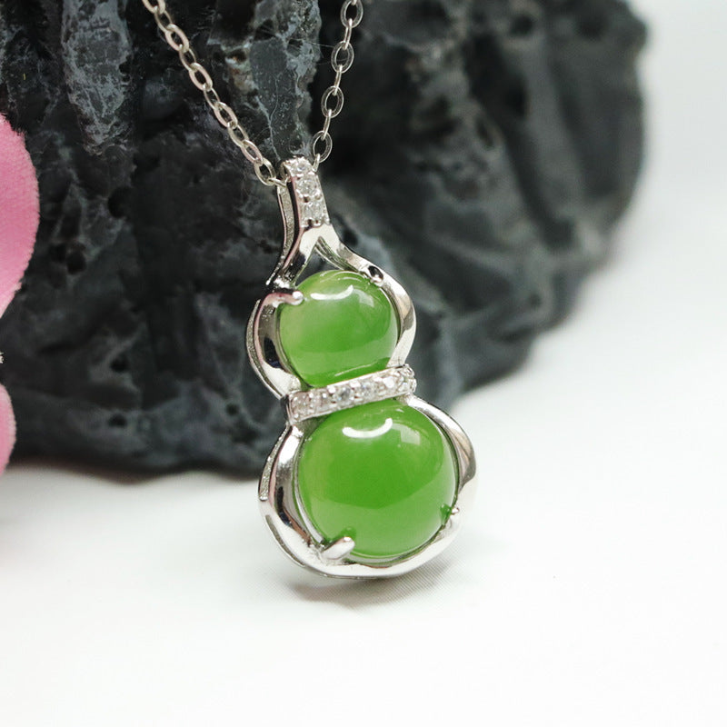 Hotan Jade and Russian Jasper Gourd Necklace with Sterling Silver Inlay