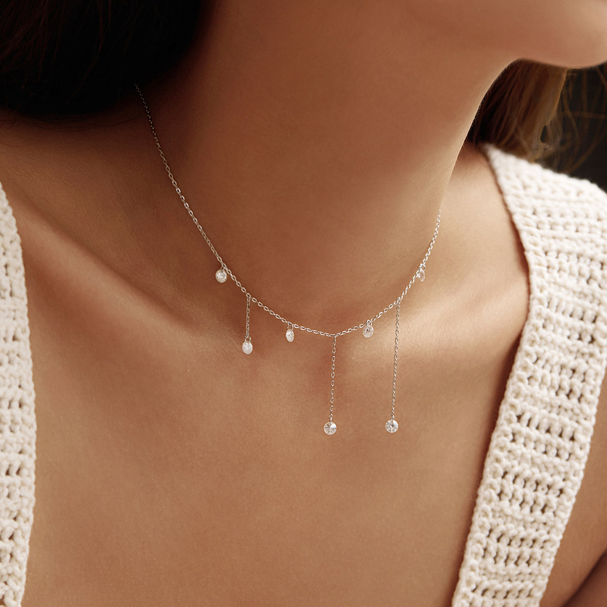925 Sterling Silver Tassel Geometric Moissanite Necklace
