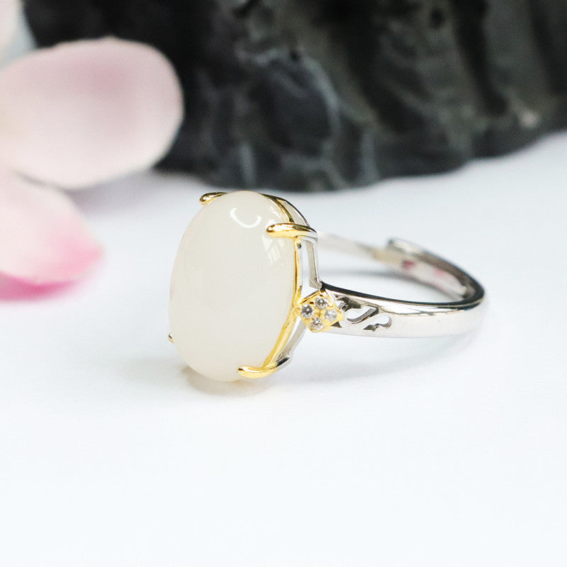 White Jade Ring with Oval Natural Hotan Jade Stone in Sterling Silver