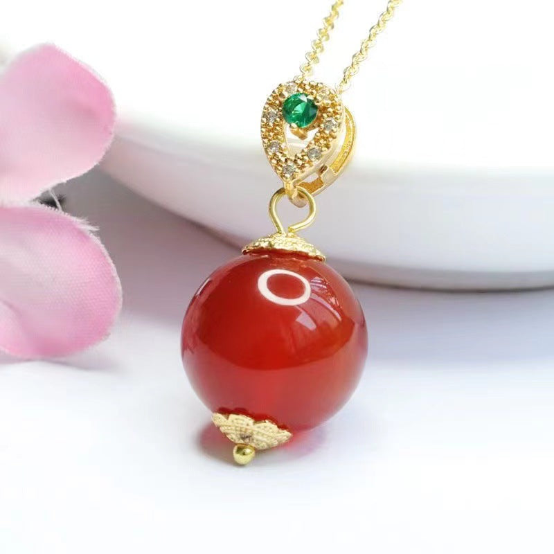 15 mm Red Agate Bead Green Accent Pendant — No Chain