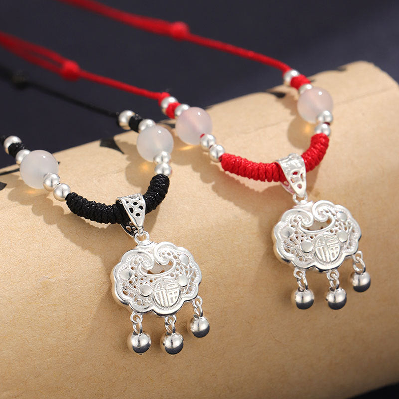 999 Silver Agate Red Cord Necklace