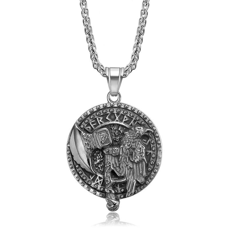 Steel Necklace - Vintage Nordic Viking Raven Tomahawk Pendant For Men With Polished Gold Plated Finish