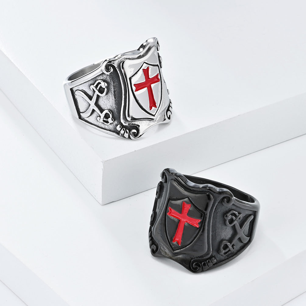 Steel Ring – Statement Cross Shield Punk Military Style For Men Retro Armor Edition By Planderful