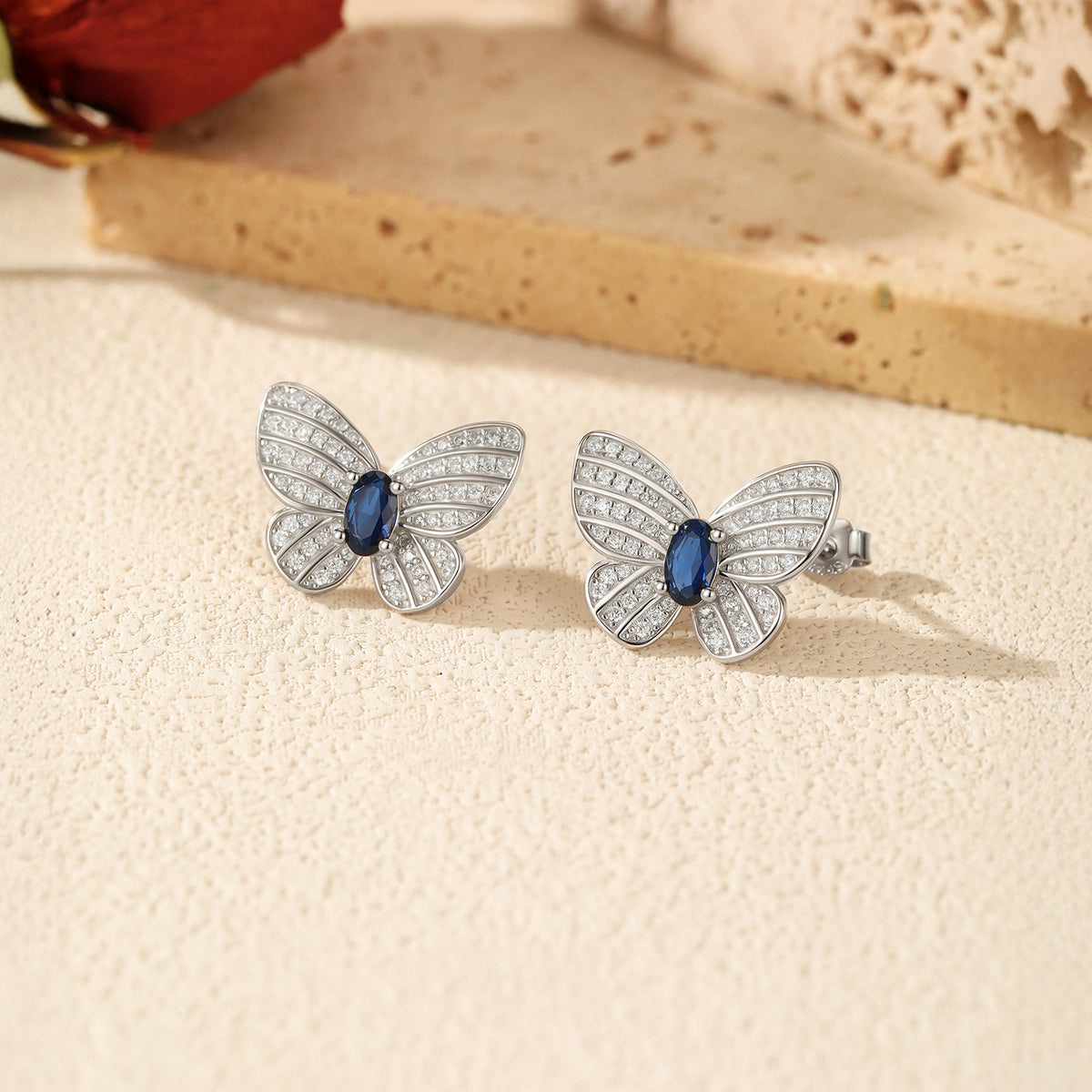 925 Sterling Silver Royal Blue Butterfly Zircon Stud Earrings