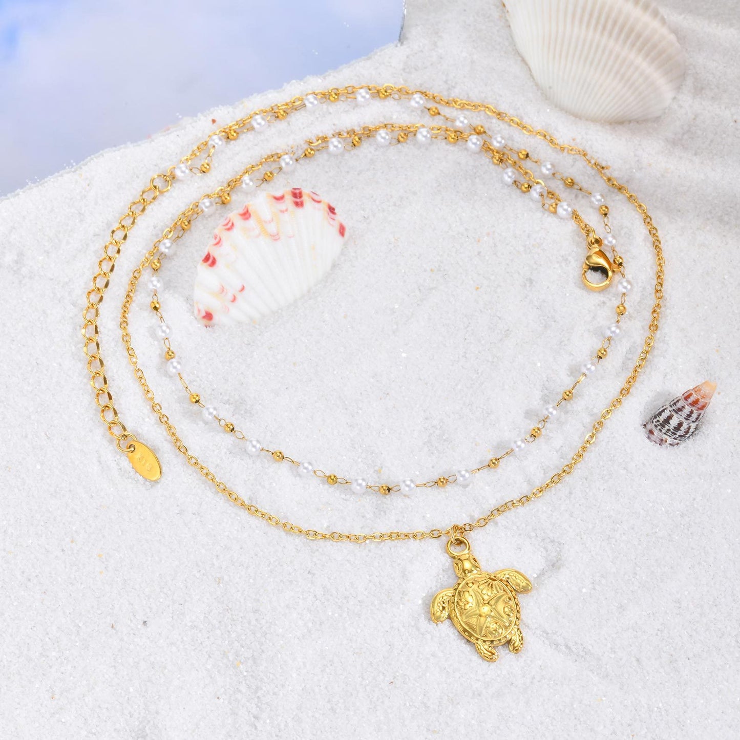 Summer Seaside Ocean Wind Stainless Steel Turtle Imitation Pearl Double Layer Necklace