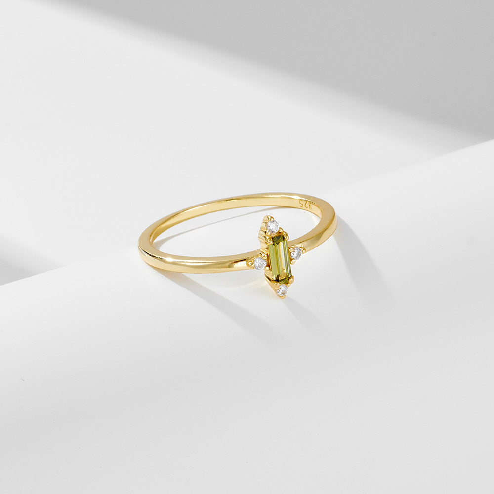 Baguette Cut Olive Green Zircon Silver Ring