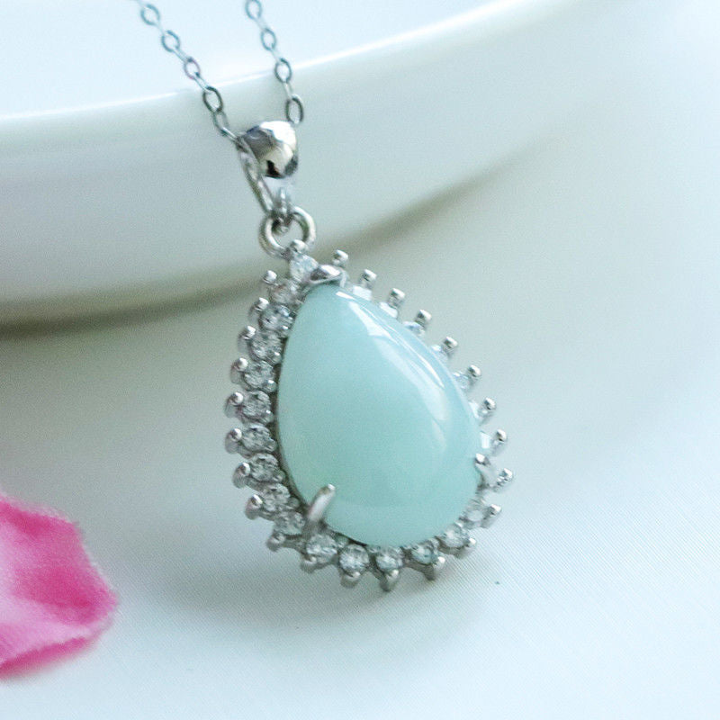 Sterling Silver Jade Water Drop Pendant Necklace with Zircon Halo