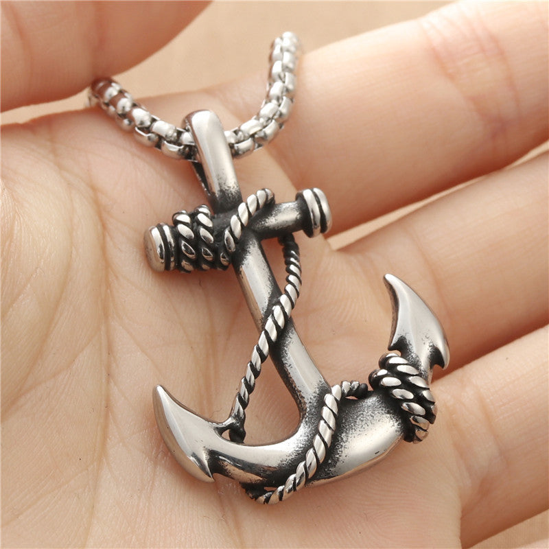 Titanium Steel Punk Anchor Hook Pendant Necklace for Men - Retro Trendy Design