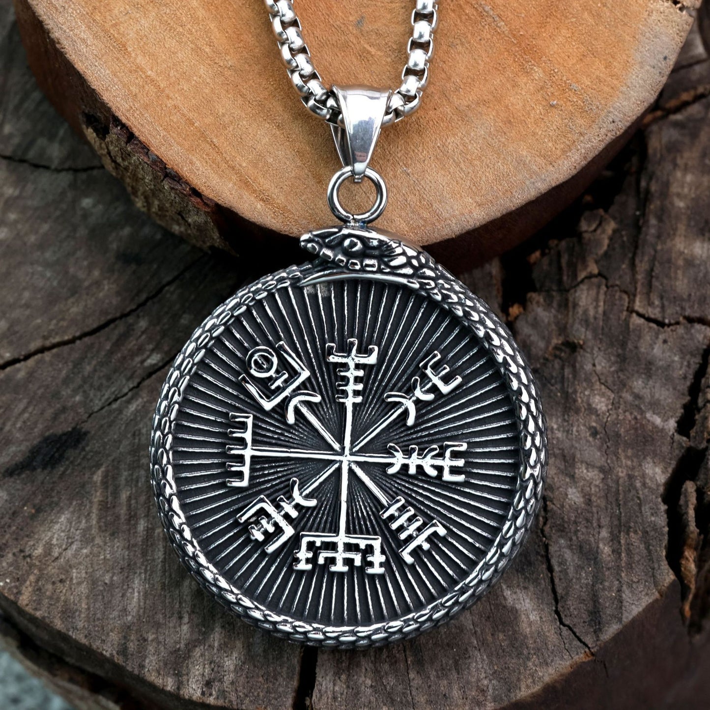 Planderful Bold Double Sided Nordic Viking Ouroboros Compass Pendant For Men Titanium Steel Retro Jewelry