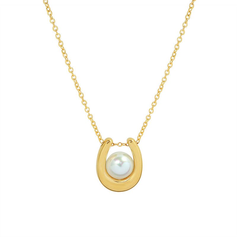 Golden French Pearl Pendant Necklace in U-Shape Design