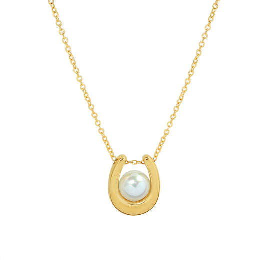 Golden French Pearl Pendant Necklace in U-Shape Design