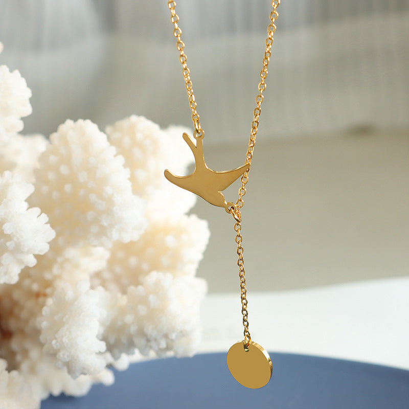 Korean Swallow Tassel Round Pendant Necklace - Adjustable Titanium Gold-Plated Clavicle Jewelry