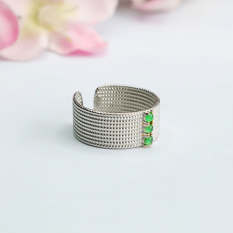 Imperial Green Jade Sterling Silver Wide Band Ring