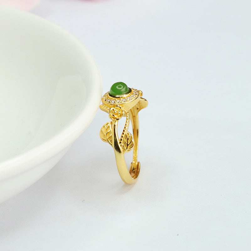 Elegant S925 Silver Natural Hotan Jade Jasper Flower Leaf Zircon Ring