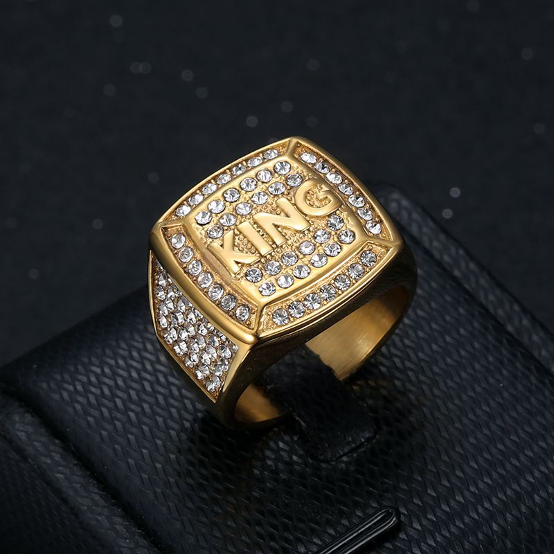 Planderful Everyday Genie Hip Hop Ring Titanium Steel Gold Plated Rhinestone King Mens Ring