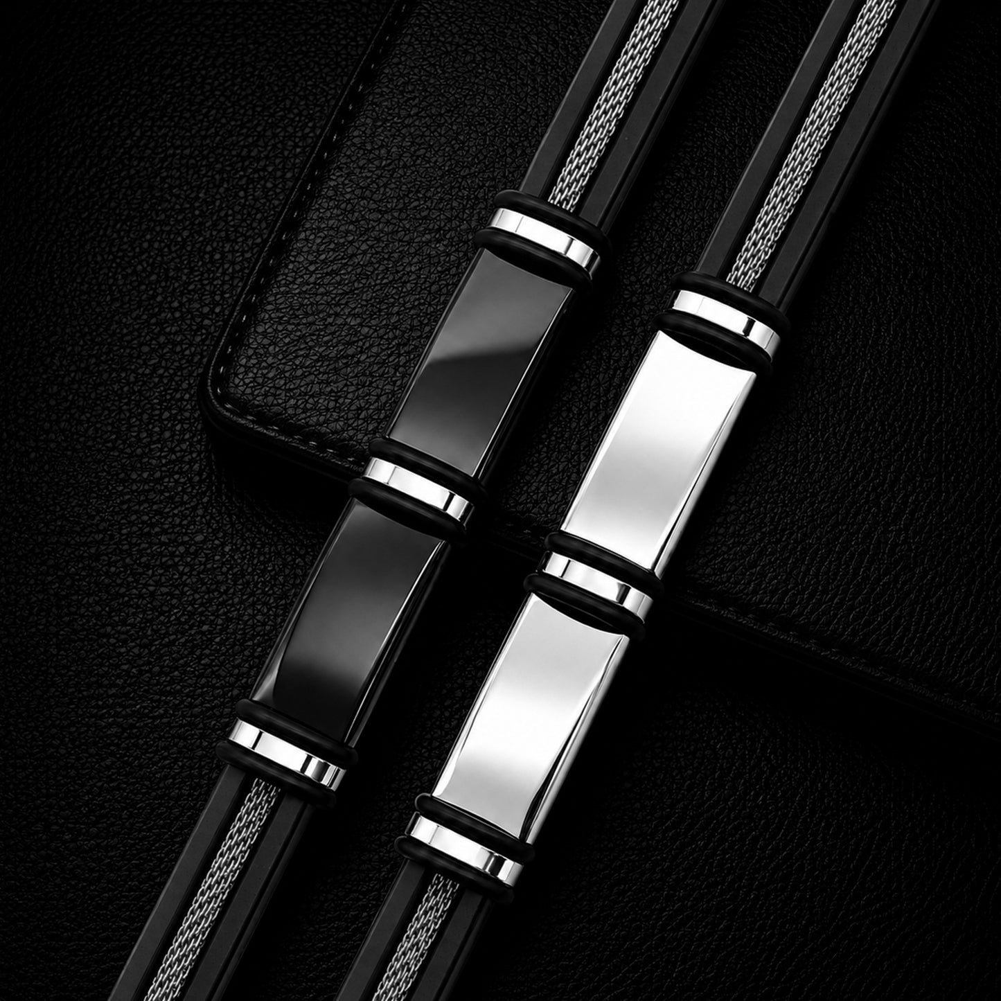 Stainless Steel Leather Rope Bracelet Two Tone Black Silver Men Unisex Protection Statement Planderful Everyday Genie