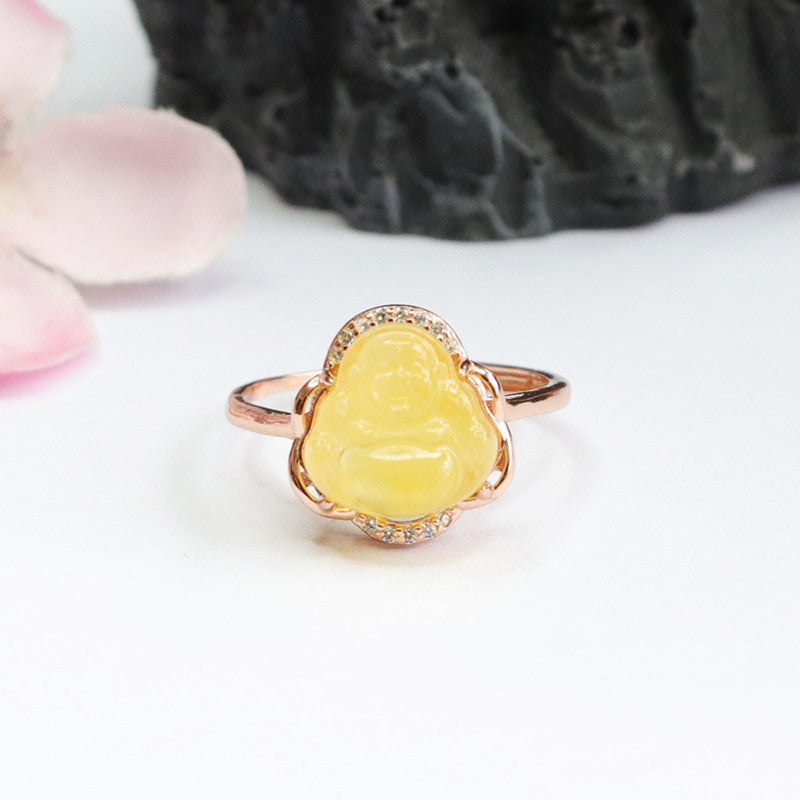 S925 Sterling Silver Adjustable Buddha Ring with Beeswax Amber
