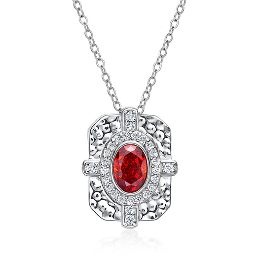 Planderful Jewelry Sterling Silver Oval Red Zircon Necklace
