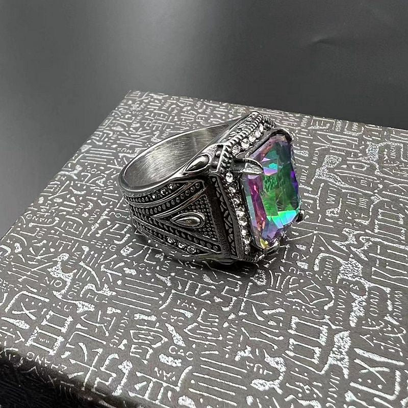 Planderful Titanium Steel Ring For Men Retro Punk Style With Colorful Inlaid Synthetic Gemstones
