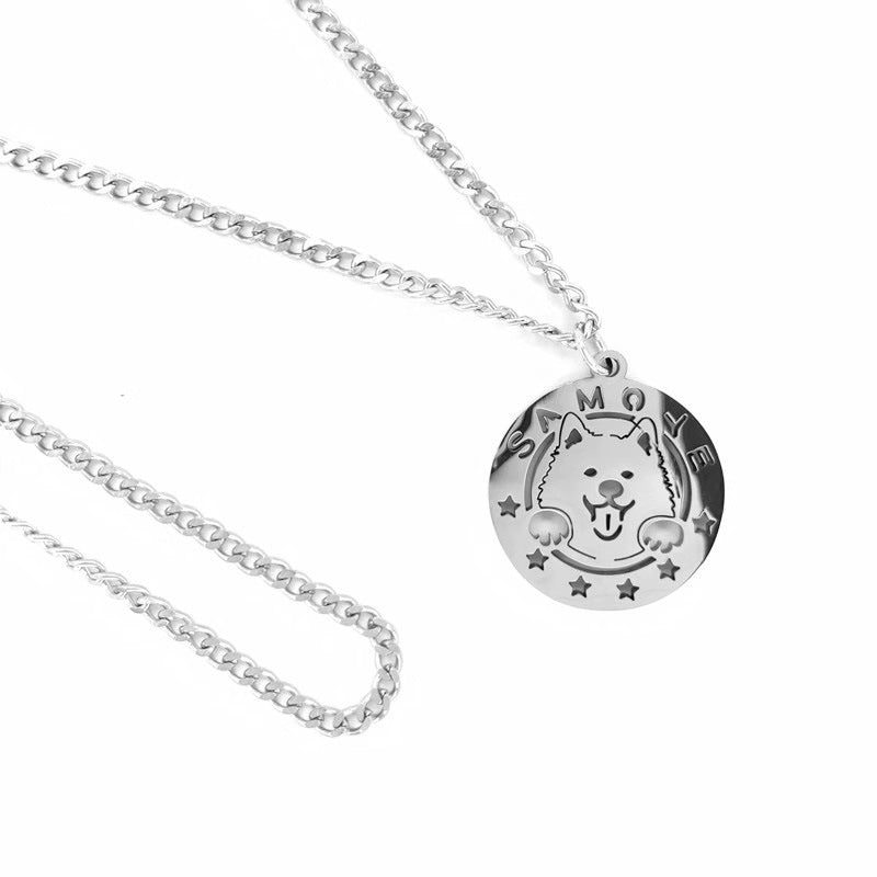 Planderful Jewelry Samoyed Dog Round Necklace Cartoon Pendant Stainless Steel For Men And Women