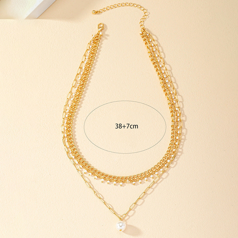 European Charm Three-Layer Beaded Pendant Necklace with Imitation Pearl Accent