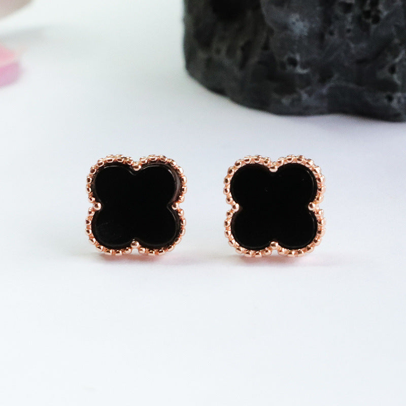 Sterling Silver Black Agate Clover Stud Earrings