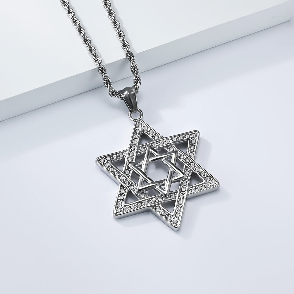 Planderful Collection Everyday Genie David Star Necklace Titanium Steel Zircon Sparkle Unisex Streetwear Bold Statement