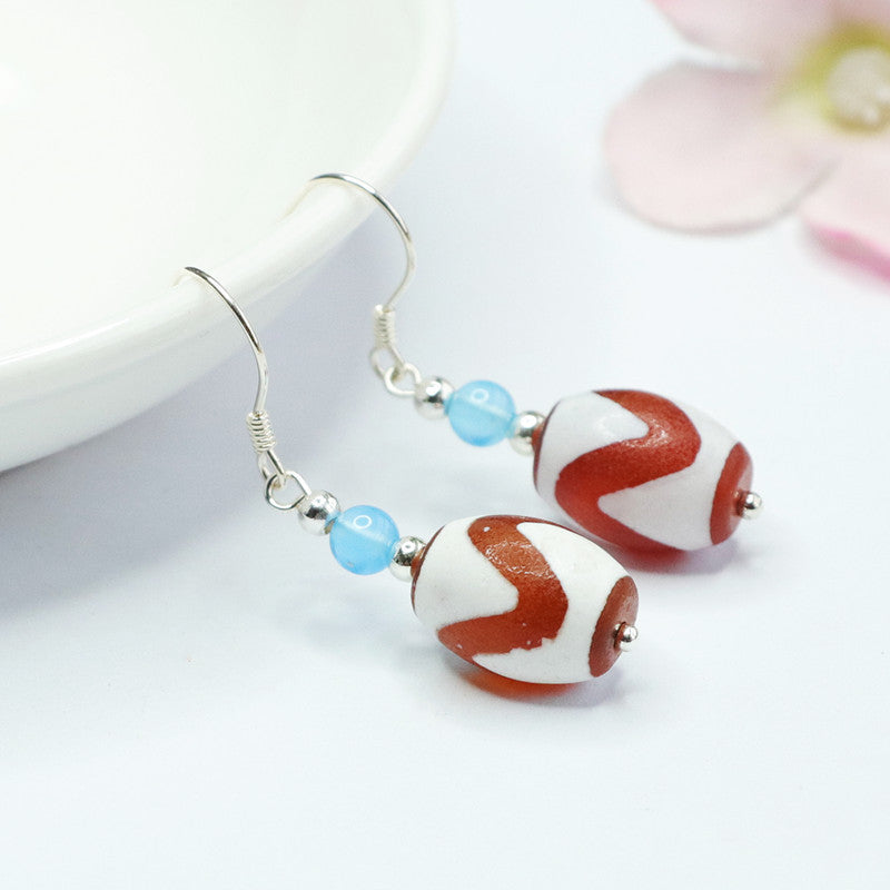 Tiger-Tooth Dzi Bead 925 Silver Hook Earrings