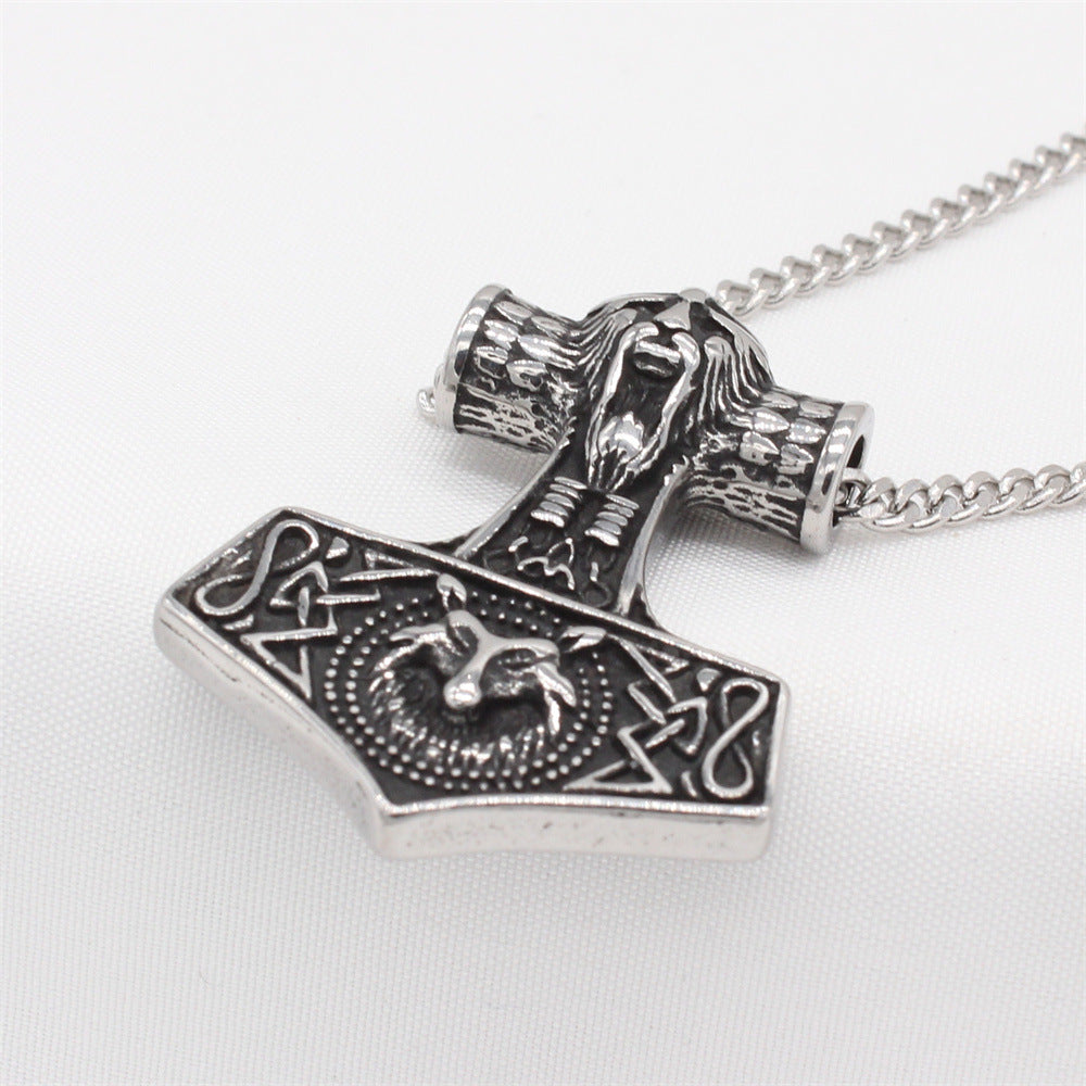 Celtic-Inspired Titanium Steel Wolf Head Pendant with Thor Hammer Design for Men