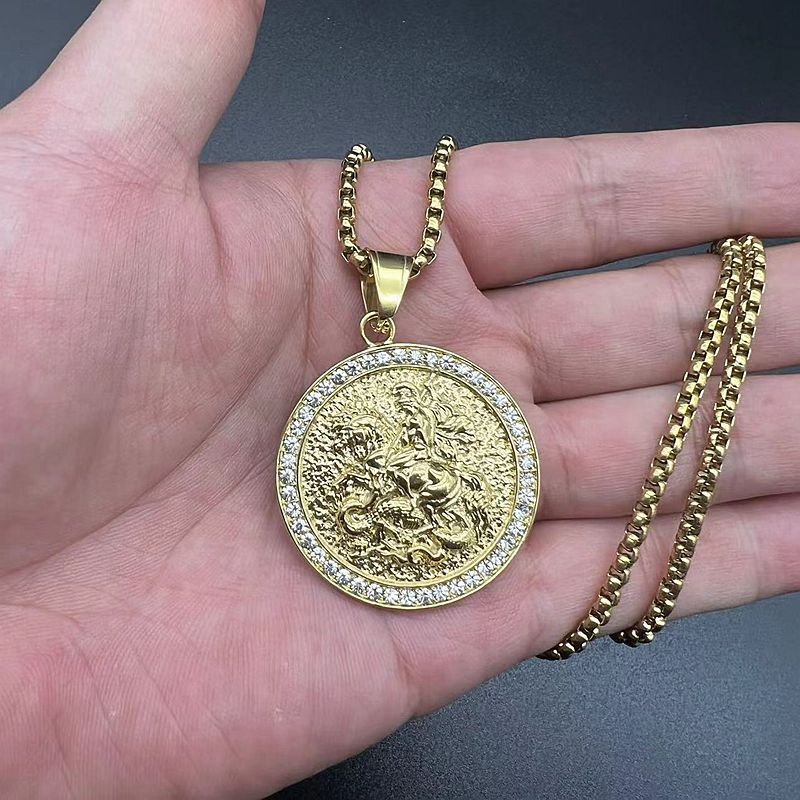 Planderful Everyday Genie Hip Hop Necklace For Men Titanium Steel Gold Plated Zircon St George Dragon Pendant
