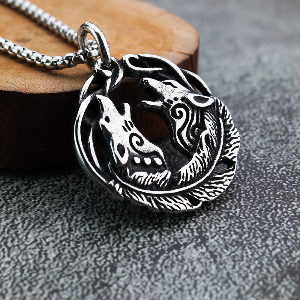 Nordic Ins Style Viking Double Wolf Head Men's Pendant Necklace