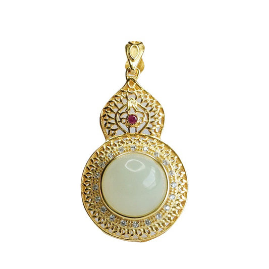 Sterling Silver Hollow Gourd Necklace with Natural Hotan Jade Pendant