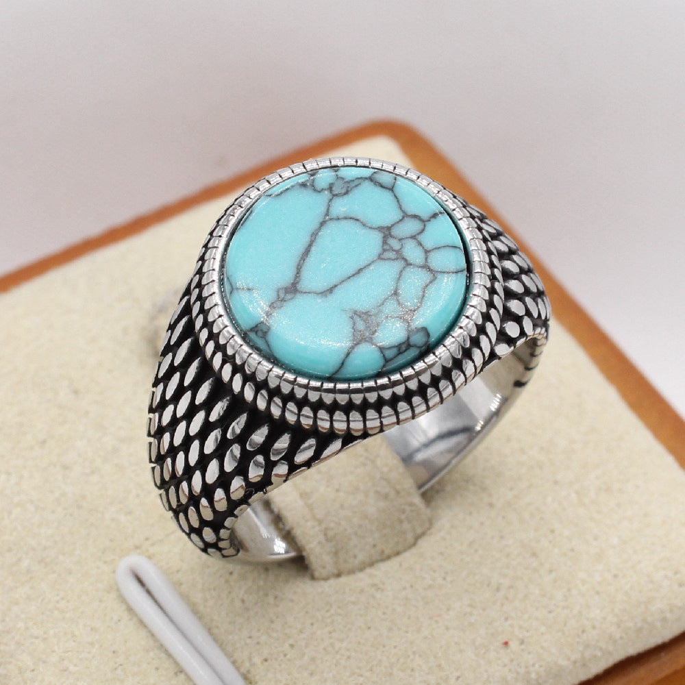 Planderful Titanium Steel Ring For Men Unisex Retro Round Gemstone Protection Statement Style