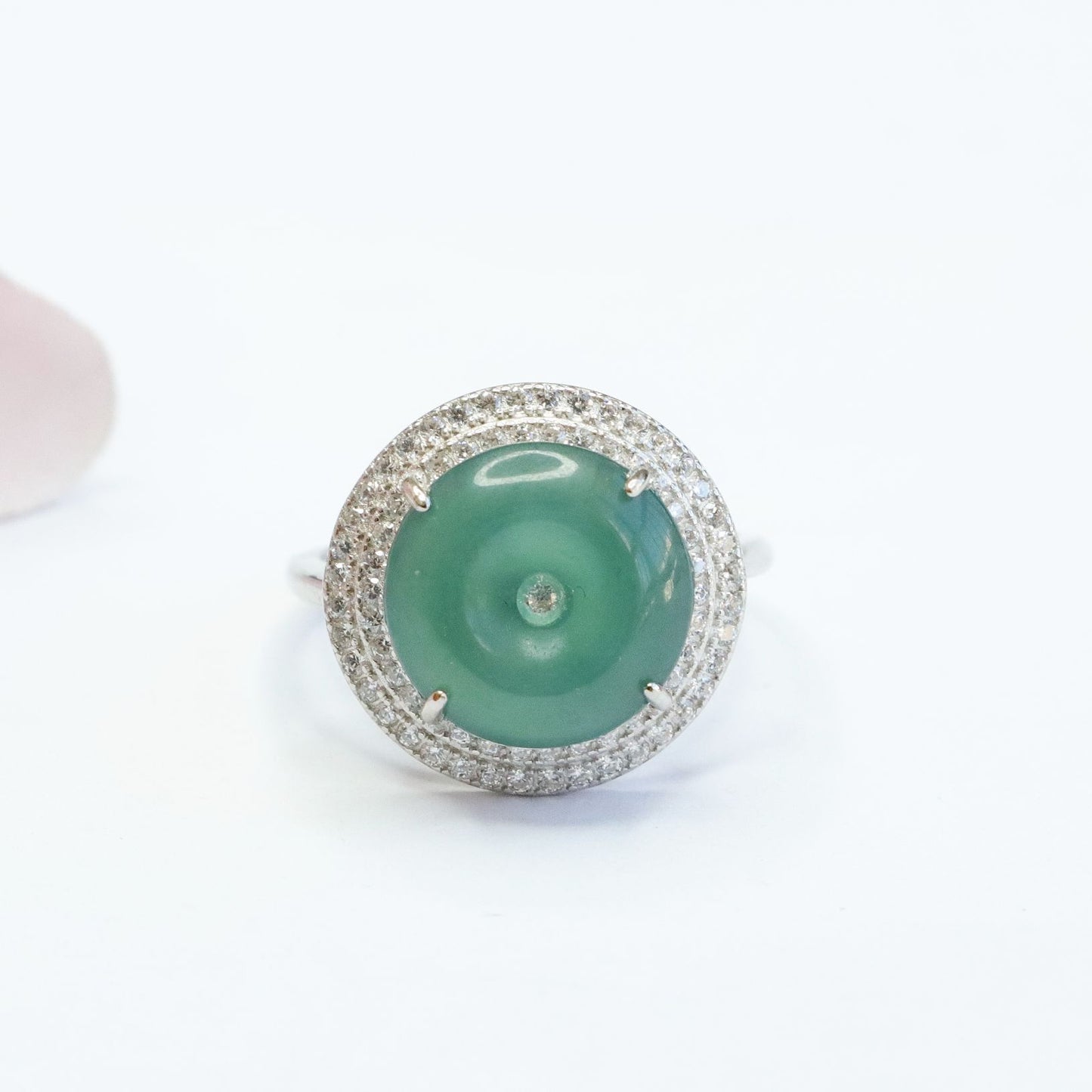 Sterling Silver Jade Ring with Zircon Halo Detail