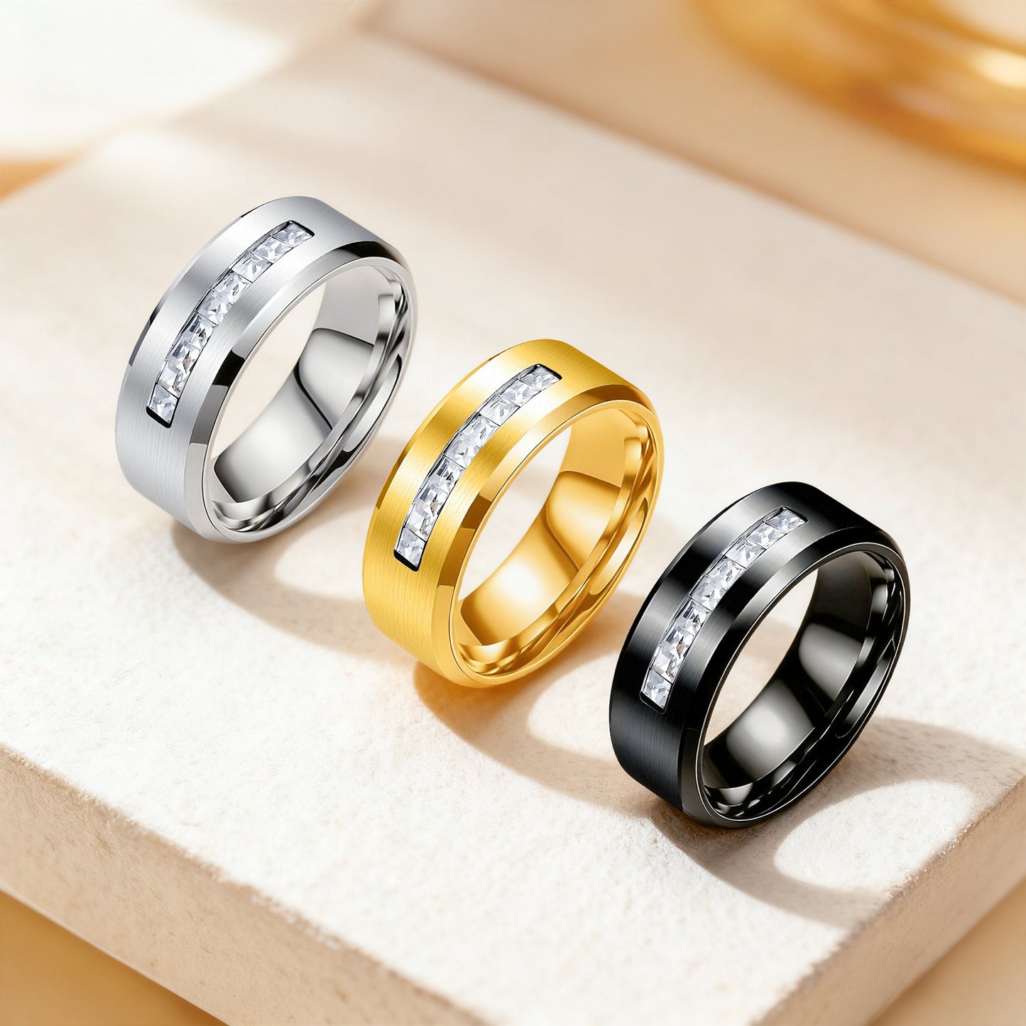 Planderful Everyday Genie 8mm Zircon Inlaid Stainless Steel Ring For Couples Unisex Gift
