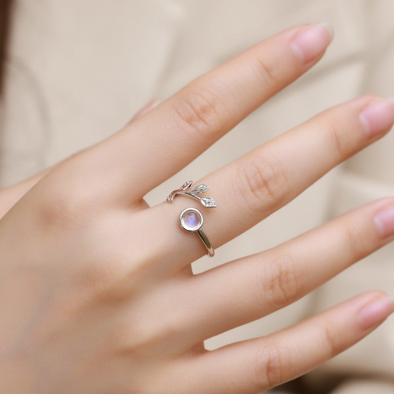 Planderful Everyday Genie – Cross-border New Fashion Simple Star Leaf Ring Light Luxury S925 Sterling Silver Inlaid Colorful Blue Moonlight Ring