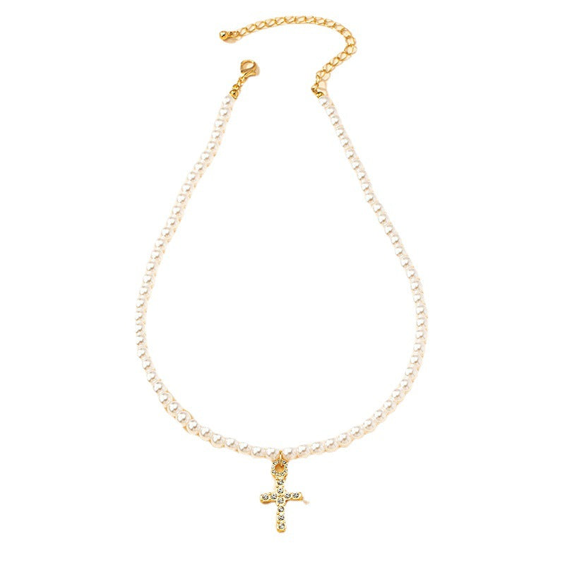 Icy Breeze Cross Necklace Set with Pearl Accent - Women's Elegant Fashion Jewelry