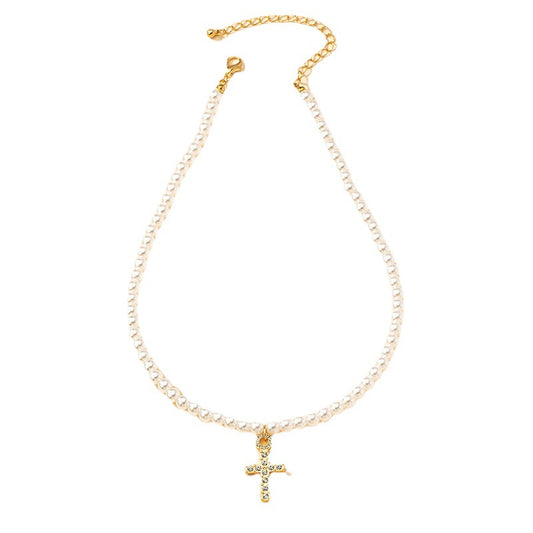 Icy Breeze Cross Necklace Set with Pearl Accent - Women's Elegant Fashion Jewelry