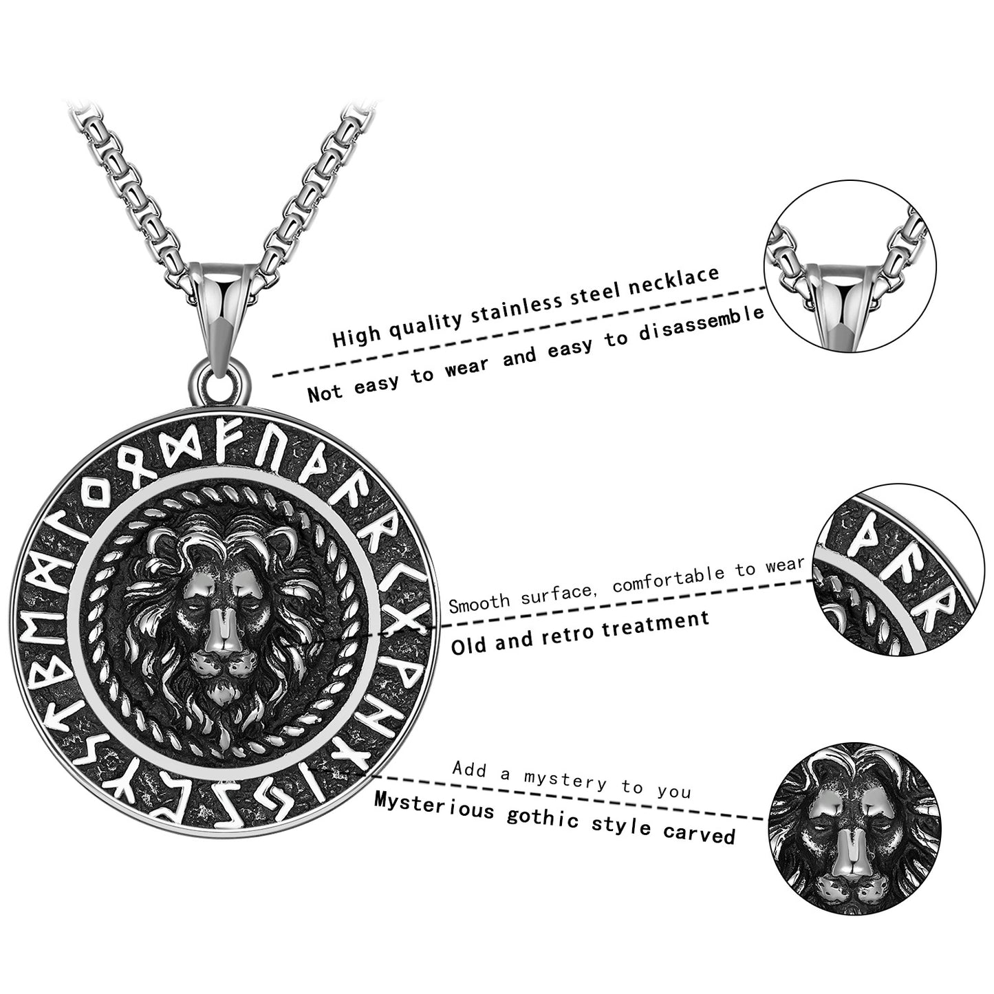 Steel Necklace – Vintage Viking Compass Lion Head
